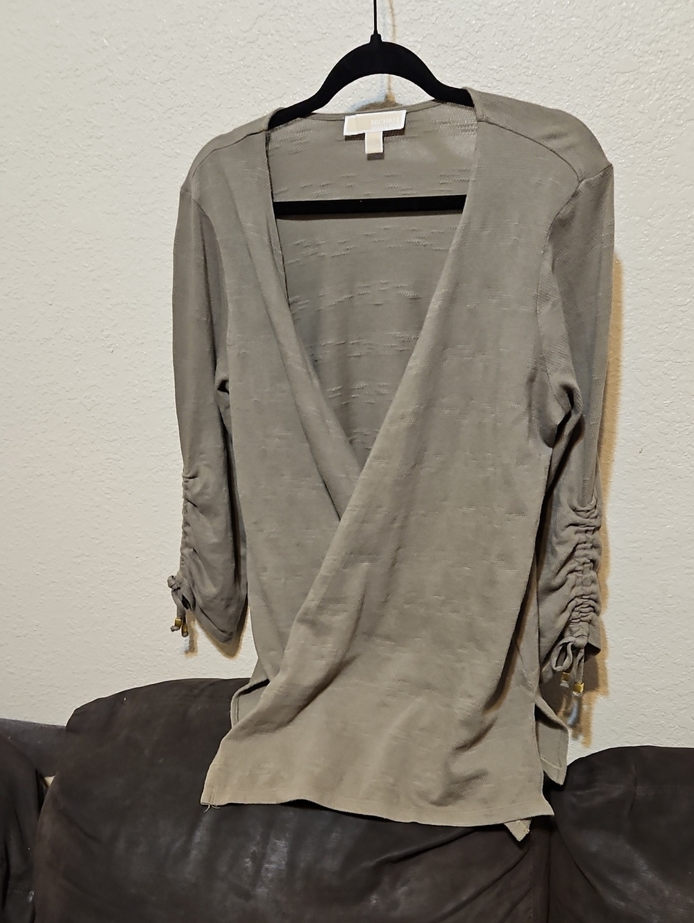 Michael Kors Olive Cardigan with Ruched Tie Sleeves